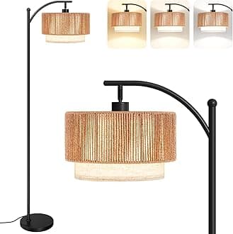 SUNMORY Floor Lamps for Living Room with 12W LED Bulb, Arc Floor Lamp with 3 Color Temperatures, Farmhouse Floor Lamps with Adjustable Rattan & Fabric Shades, Boho Standing Lamp for Bedroom, Corner