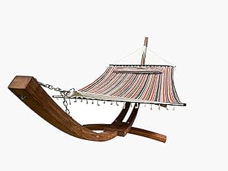 14 Ft. Wooden Arc Hammock Stand + Deluxe Quilted Double Padded Hammock Bed w/Pillow. 2 Person Bed. 450 LB Capacity(Teak Stain/Elegant Fiesta Stripe)