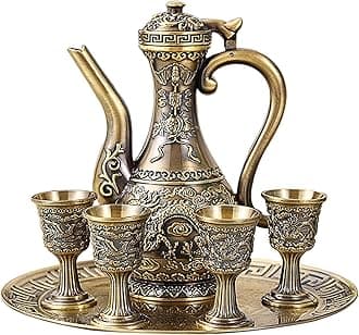 Vintage Turkish Coffee Pot and Cups Set,Teapot Tea Service Set Including 4 Metal Cups and Tea Tray for Tea Table Decor,Wedding Ornament (Bronze)