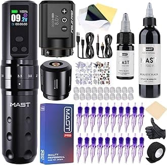 Mast Fold2 Pro Tattoo Kit, Cordless Complete Tattoo Gun Machine Kit, 2 Batteries 4.5oz Black Tattoo Ink Needles Cartridges Kit