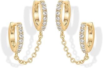 PAVOI 14K Gold Chain Earrings for Women | Double Piercing Dangle Chain Huggie Hoop Earrings | Cubic Zirconia Pearl Stud Ear Cuff Earrings for Women