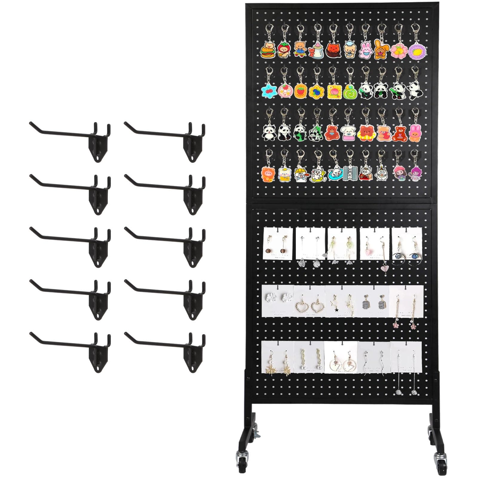 2'x 5' Standing Pegboard Display with T-Base, Pegboard Display Stand with Wheels, Metal Peg Board Display Rack, Art Display Stand, Extra 10 Pieces Hooks - Black