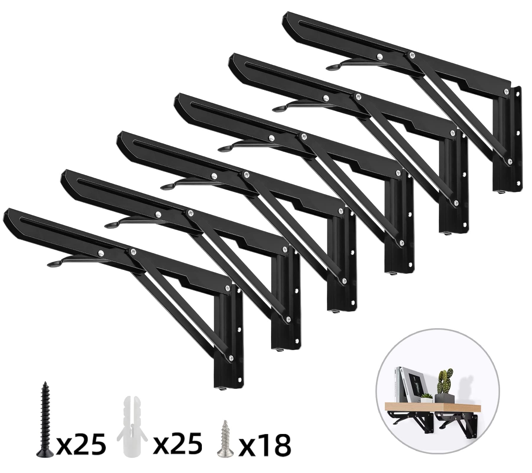 SUNVENFolding Shelf Brackets- Heavy Duty Black Table Bench Folding Shelf Bracket,Shelf Hinge Wall Mounted Space Saving Foldable Work Desk (16 Inch)