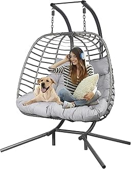 Double Hanging Egg Chair wth Stand, Patio Hammock Swing Chair with Cushion Loveseat for Bedroom, Balcony, Garden, Indoor, Outdoor
