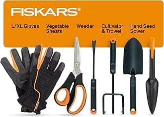 Fiskars Vegetable Gardening Essentials 6-Piece Tool Set for Cultivating, Serrated Stainless Steel Shears & 4-in-1 Seed Sower for Planting, Rust-Resistant Steel Trowel, Cultivator, Weeder, L/XL Gloves