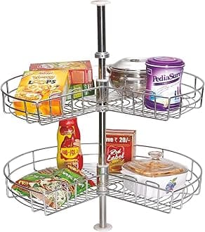 Stainless Steel 2 Shelf Kitchen Corner Cabinet Organizer/Modular Kitchen Basket/Multifunctional Storage Rack/Adjustable Height Kitchen Carousel Unit (Carousel 20 Inch)