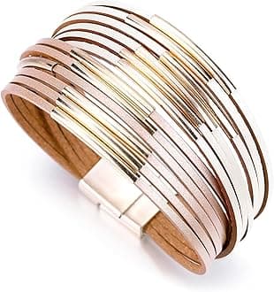 FescioryWomen Multi-Layer Leather Wrap Bracelet Handmade Wristband Braided Rope Cuff Bangle with Magnetic Buckle Jewelry