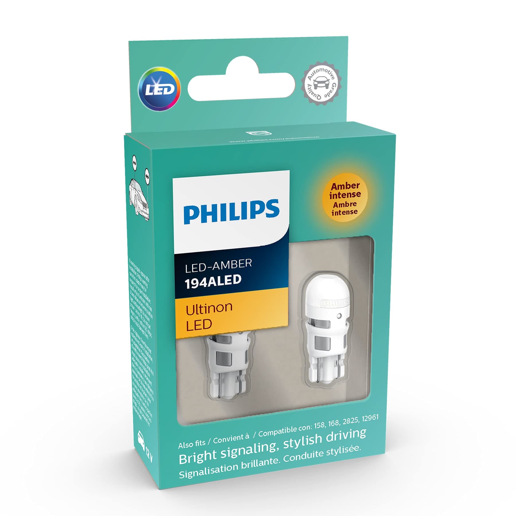 Philips Automotive Lighting 194 Ultinon LED Bulb, Bright Amber Turn Signal Replacement Bulb, 2 Pack (194ALED)