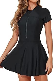 SmismivoSwim Dress Modest Swimsuits for Women High Neck Bathing Suit One Piece Tummy Control Swimdress Zip Sleeve Swimwear