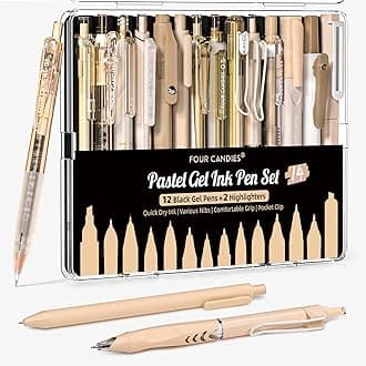 Four Candies Gel Ink Pen Set, 14 Pieces Pen Set with Case, Cute Notes, 0.5mm Fine Point, Retractable 12 Black Ink Pens with 2 Highlighters (Brown)