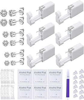Disposable Ear Piercing Kit Ear Cartilage Piercing Gun Kit with Silver Round CZ Studs Easy and Safe Self for Own Use at Home(Silver Round CZ Pattern 432mm)