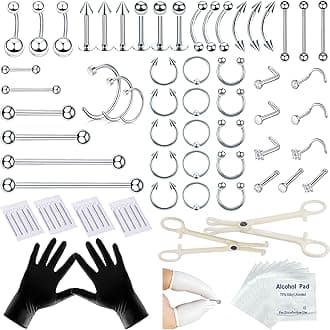 TKKUY 80PCS Nose Piercing Kit: Stainless Steel Body Piercing Jewelry with 12G, 14G, 16G, 20G Needles for Ear, Nose, Lip, Eyebrow