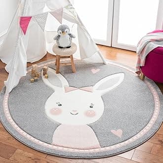 SAFAVIEH Carousel Kids Collection CRK166F Bunny Non-Shedding Playroom Nursery Bedroom Area Rug 5'3" x 5'3" Round Grey/Ivory