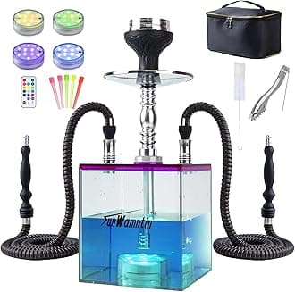 Purple 2 Hose Large Hookah – Square Large Cloud Production Hookah Set with Everything, Travel Shisha Kit with LED Base, Cleaning Brush and Portable Bag