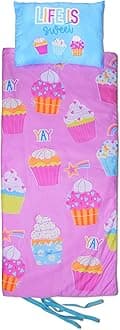 Pretty Print Cozy Silky Soft Fleece Lined Sleeping Bag and Pillow Set for Kids - Cupcake Party