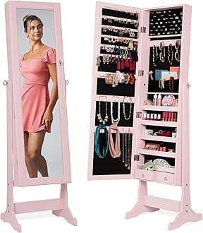 Best Choice Products Freestanding Jewelry Armoire Cabinet, Full Length Standing Mirror, Lockable Makeup Storage Organizer, w/Velvet Lining, 3 Angles, Lock, Accessory Pouch, 5 Shelves - Dusty Pink