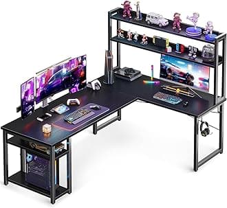 L Shaped Gaming Desk with Hutch, Computer Desk with Storage Shelves, 66" L Shaped Desk for Home Office, Corner Desk with Headphone Hook, Black