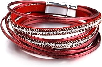Fesciory Women Multi-Layer Leather Wrap Bracelet Unique Teen Girl Bangle with Magnetic Buckle Jewelry (Red Rhinestone)