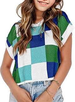 Girls Spring Crop Tops 2026 Summer Sweaters Cute Cap Sleeve Colorblock Loose Teen Top School Picture Outfits