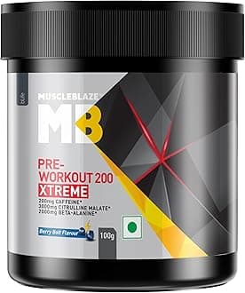MuscleBlaze Pre Workout 200 Xtreme Powder, Berry Bolt (15 Servings, 100g) | 200mg Caffeine, 3000mg Citrulline