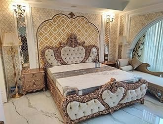 NAAZ HANDICRAFT Queen Size Teak Wood Bed with 2 Matching Side Tables – Hand-Carved Design, Luxurious Upholstered Cushioning in White, White Wooden Panels (Rose Gold)