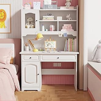 Study Desk with Hutch and Bookshelf,Wooden Computer Desk Home Office Desk Teenager Desk with Shelves and Drawers,Cute Writing Study Desk Bookshelf Combo for Girl Boy(31.5inch, White)