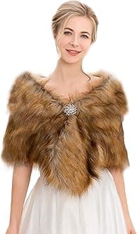 AukmlaWomen's Wedding Faux Fur Wraps and Shawls Bridal Fur Stoles Scarf with Rhinestones Brooch for Bride and Bridesmaids