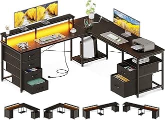 AODK 59" L Shaped Computer Desk, 105" Reversible Home Office Desk with File Cabinet & 4 Fabric Drawers, Two Person Desk with LED Lights & Power Outlet, Corner Gaming Table, Black