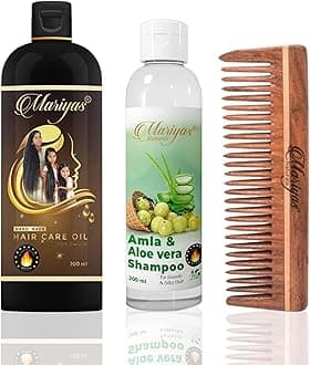 Mariyas Herbal Natural Hair Care Kit | Hair Oil 200ml, Amla Aloevera Shampoo 200ml & Oil Treated Neem Wooden Comb (Wide Comb) | Free from Parabens, Sulphates, Silicones