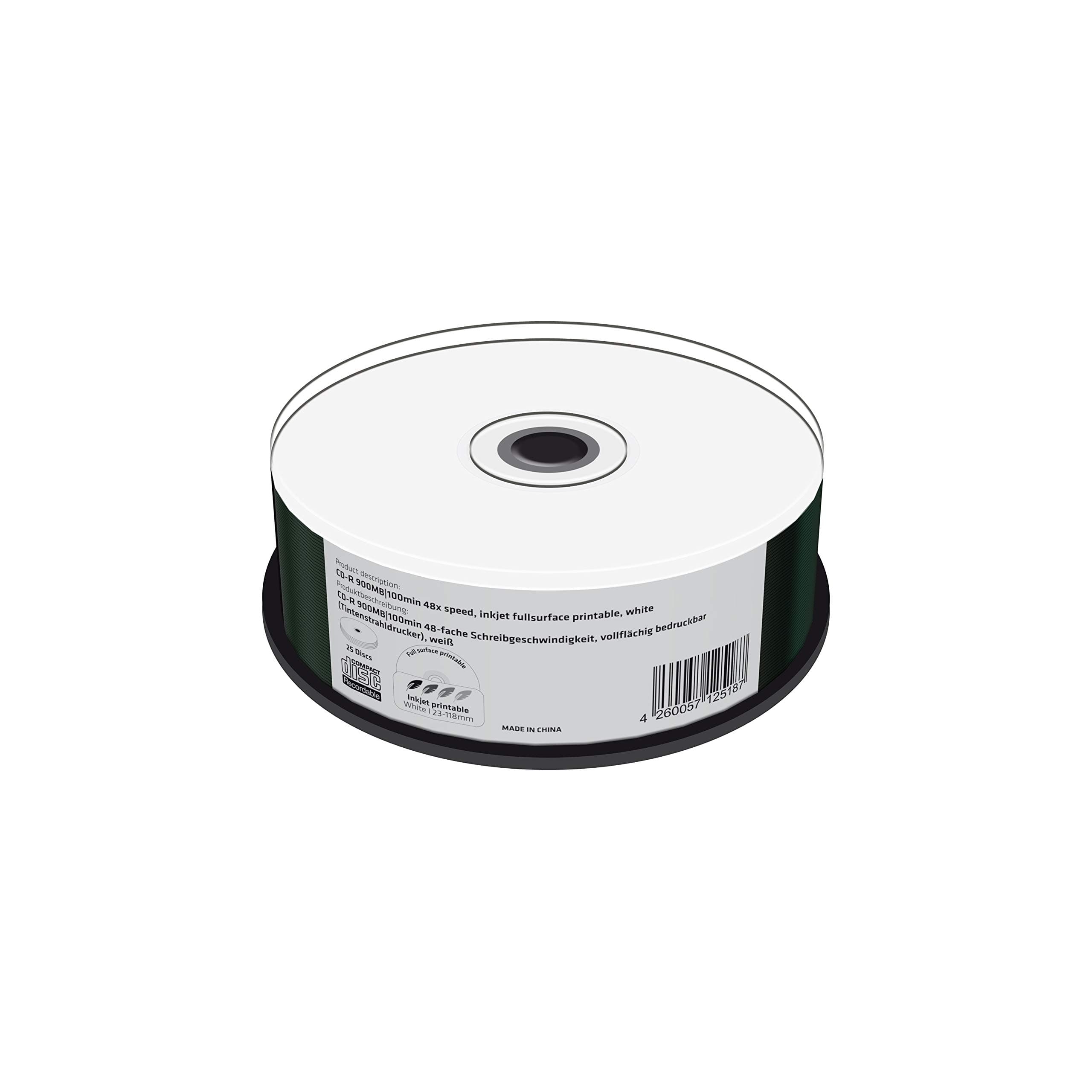 CD-R 900MB|100min 48x Write Speed, Full Surface Printable (Inkjet Printer), 25 Cake Box