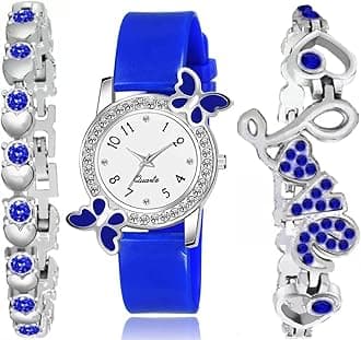 AcnosPremium White Dial Diamond Pink Analog Watch Love Heart Diamond Bracelet for Girls Best Design Butterfly Combo 3 Pack of 3