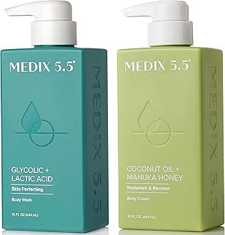 MEDIX Exfoliating Glycolic Acid Body Wash & Face Wash + Coconut Body Lotion Skin Care Set | Coconut Oil Lotion Body Cream & AHA + Lactic Acid Foaming Body Wash For KP Bumps, Keratosis Pilaris, & Acne