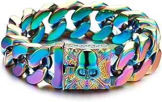 COOLSTEELANDBEYOND Mens Large Vintage Brushed Finishing Steel Curb Chain Bracelet with Fleur De Lis and Skull