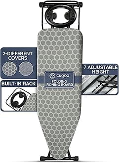 Folding Ironing Board – 122x38cm, Adjustable Height (74-91cm), Durable with Safety Lock & Anti-Skid Feet, Includes Silicone Iron Rest & 2 Stylish Covers