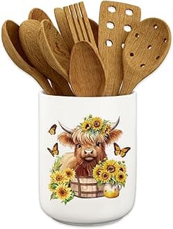 Highland Cow Sunflower Ceramic Utensil Holder Uv Watercolor Cattle Floral Utensil Crock for Farmhouse Home Kitchen Countertop Storage Organizer Container