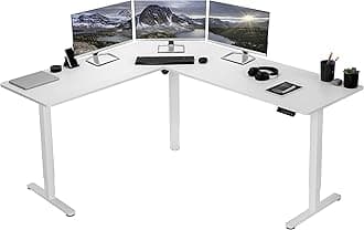 VIVO Corner Standing Desk, 75 x 63 inch Reversible L-Shaped Workstation, Electric Height Adjustment, Home, Office, and Reception Rooms, White Table Top White Frame, DESK-E3CTW-75