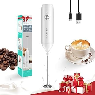 HAUSHOF Powerful Rechargeable Milk Frother Wand, Handheld Electric Foam Maker, Drink Mixer with Detachable Stainless Steel Whisk for Coffee Latte, Cappuccino, Matcha, No Stand, White