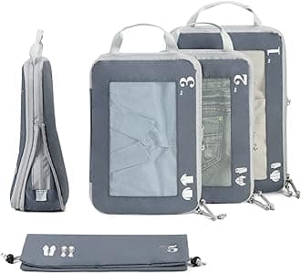 ECOHUBECOHUB 5 Set Compression Packing Cubes for Suitcases Organiser Bags Travel Accessories with Shoes Bag Tear-resistant Travel Cubes with ID Tag Expandable Packing Bags(Grey)