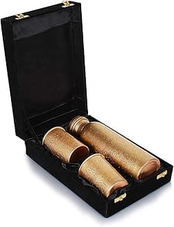 - R Ayurveda Copper copper Water Bottle, 1000ml, Set of 1, GOLD MEENA WORK FROM ARTISANS (Bottle With 2 Glass) In velvet gift box