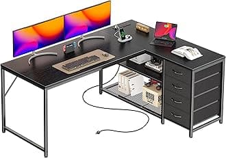 53" L Shaped Desk with Power Outlets and USB-C Port, Reversible Computer Corner Office Desk with 4 Fabric Drawers and 2 Height-Adjustable Shelves, Large for Gaming Writing Work Study, Black
