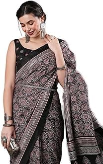 Women's Ajrak Block Print Dola Silk Saree With Unstitched Blouse Piece