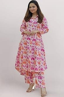 Leriya Fashion Women's Anarkali Rayon Floral Printed Kurta Pant Set | High-Low Hem & 3/4 Sleeves | Ethnic Co-ord for Festive & Casual Wear | Co ord Set For Women Stylish | 2 Piece Dress For Holiday Look & Puja