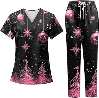 Generic Christmas Scrubs Set for Women Nurse Uniform Top & Pants with Multi Pocket for Nurse Esthetician Workwear
