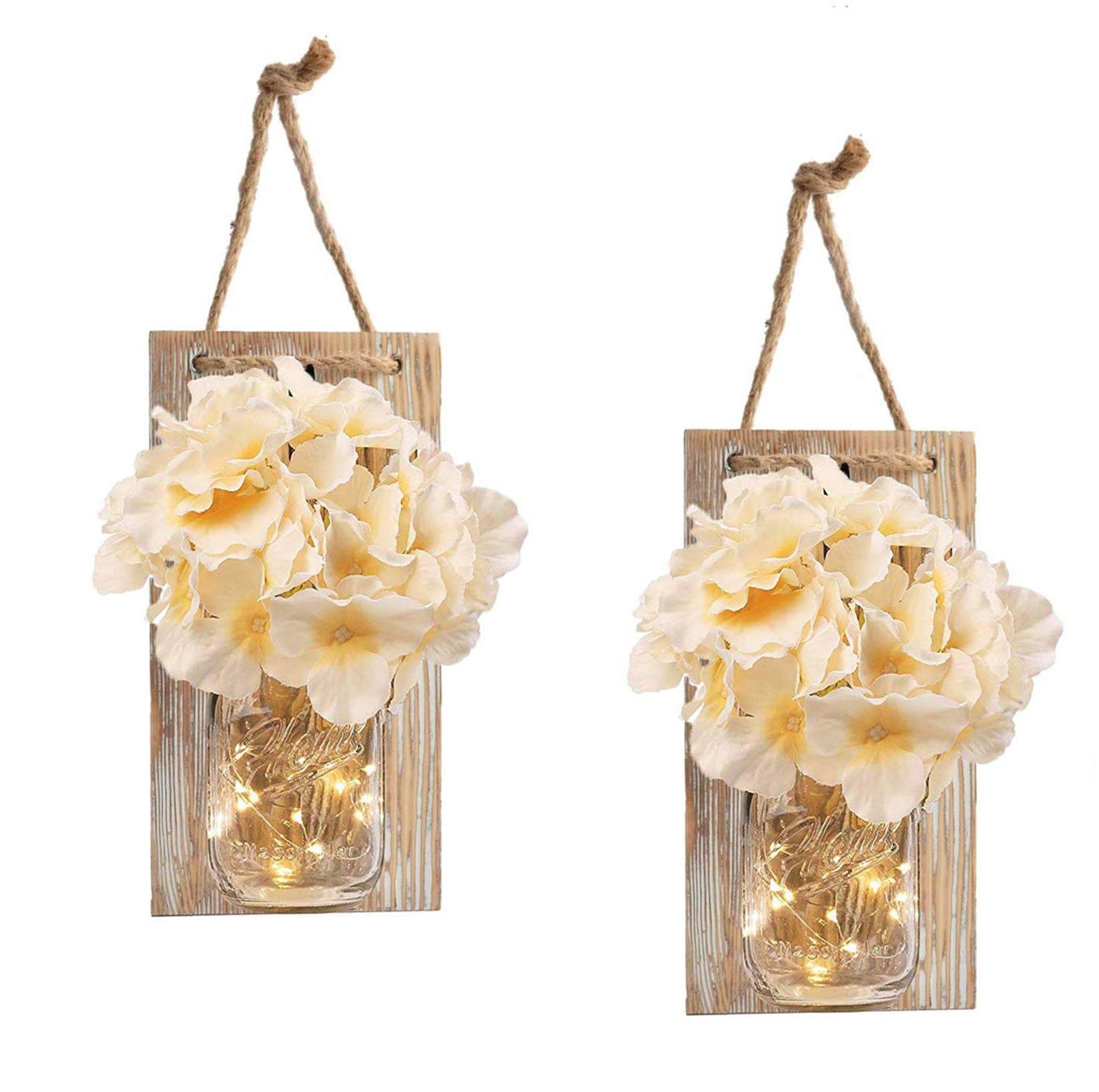 RBHK 2 Pack Mason Jar Sconces for Wall Decor with LED Fairy Lights, Decorative Chic Hanging House Decor Mason Jars, Silk Hydrangea, 6-Hour Timer, Home Decor