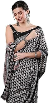 Women's Ajrak Block Print Dola Silk Saree With Unstitched Blouse Piece