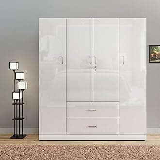VIKI High Gloss Wardrobe | High Gloss Wooden Almirah for Clothes,Door for Bedroom, 4 Door Wardrobe with Drawer & Hanging Space (Frosty White - 40D x 160W x 180H) | 1 Year Warranty