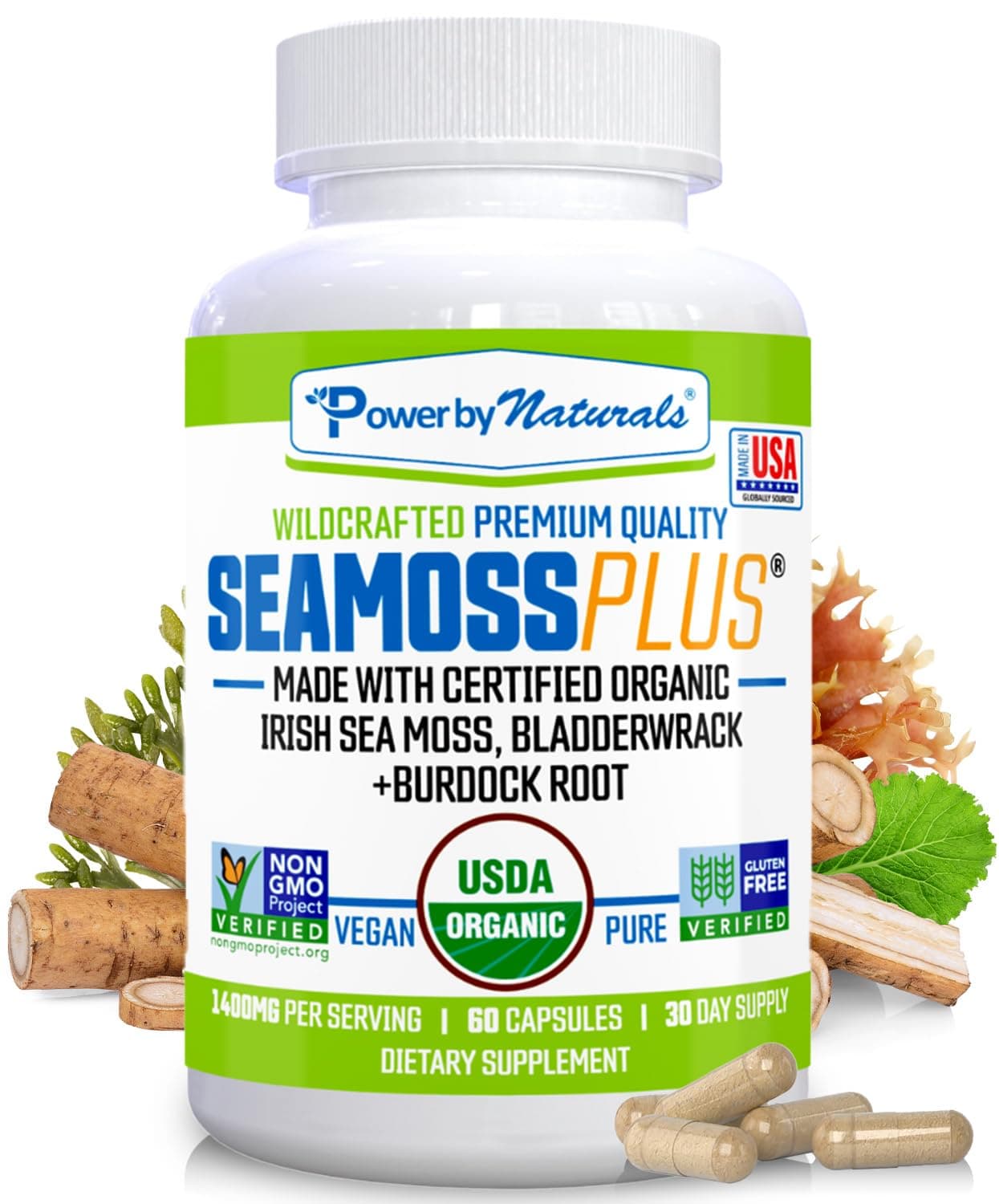 SeaMoss Plus - USDA Organic Irish Sea Moss Capsules w/Wild Harvested Irish Seamoss, Bladderwrack & Burdock Root Immunity Supplement Sea Moss Pills for Adult 60Ct - 1 Pack