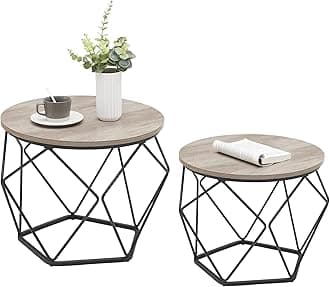 VASAGLESmall Coffee Table Set of 2, Round Coffee Table with Steel Frame, Side End Table for Living Room, Bedroom, Office, Greige and Ink Black