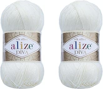 Alize Diva Yarn Hand Knitting Yarn 100% Microfiber Acrylic Yarn Alize Diva Silk Effect Thread Crochet Art Lace Craft Lot of 2 skeins 200gr 767 yds (1055-Sugar White)
