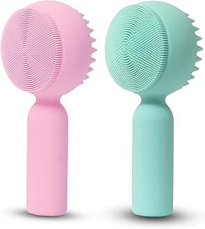 2 PC Silicone Facial Cleansing Brush 2 in 1 Facial Scrubber Manual Exfoliating Facial Brush Face Cleanser Face Exfoliator Ultrafine Bristles for Sensitive Skin Easy to Clean Lather Well(Pink&Green)